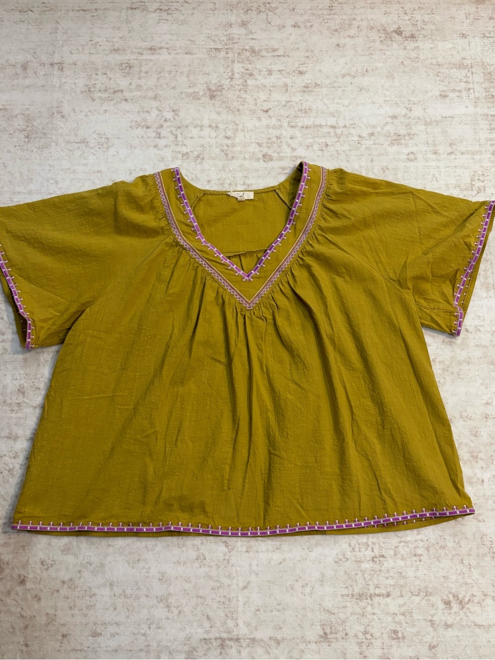 EASEL L mustard boho embroidered shirt sleeve blouse